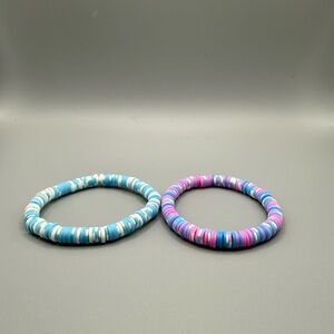 Kids Stretchy Bead Bracelet Set - Blue & Pink - Handmade #B0432T